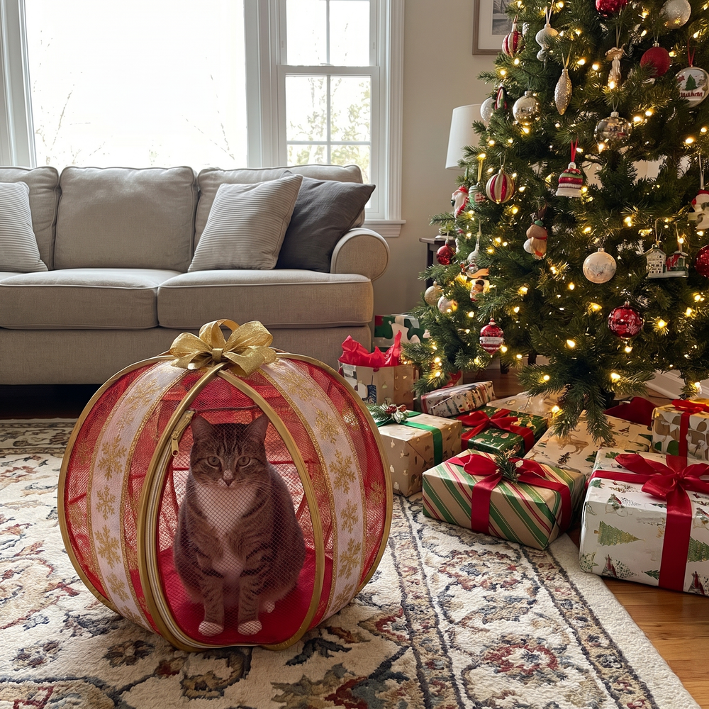Cat inside the Present ball by the tree